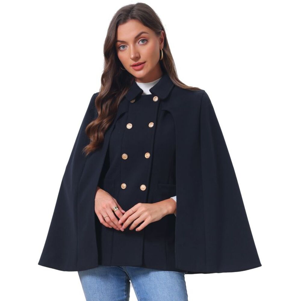 Womens Winter Vintage Double Breasted Cloak Outwear Cape Coat Navy